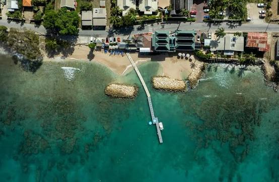 Aerial view of the jetty and turquoise water at Little Good Harbour, Barbados