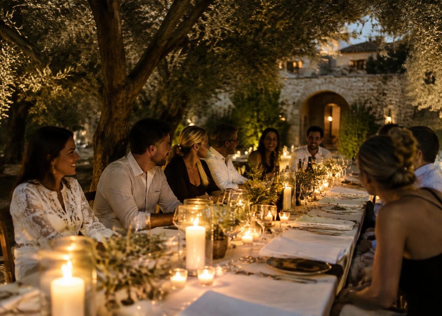 Retreat guests sharing a candlelit dinner under olive trees