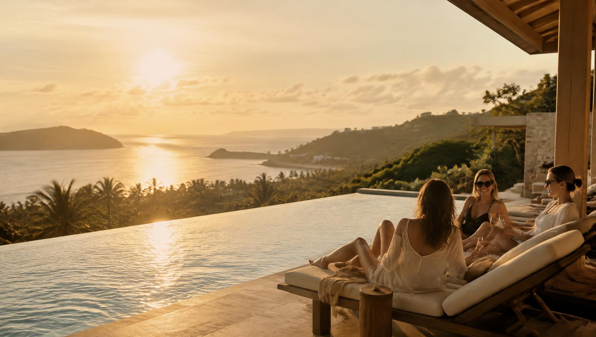 Retreat guests relaxing by an infinity pool overlooking the sea at sunset