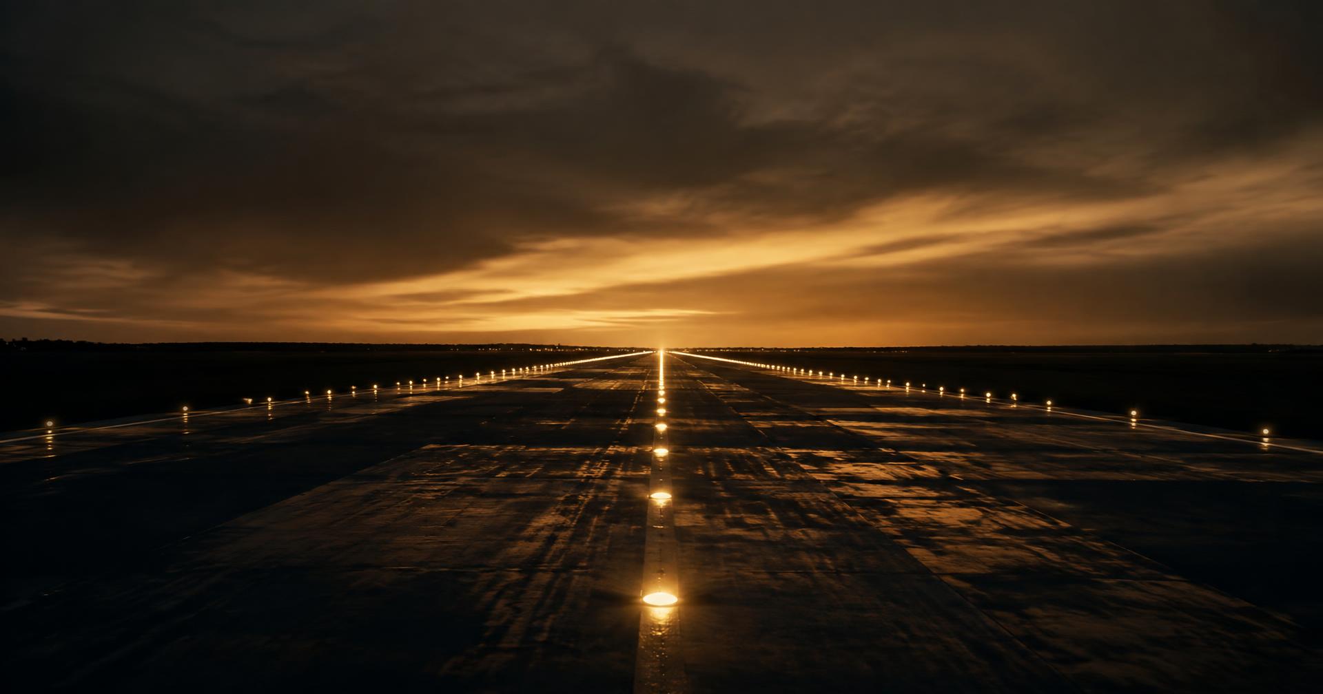 A runway lit in gold at dusk
